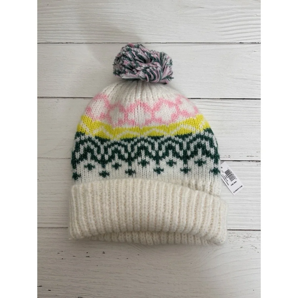 Old Navy White Knit Winter Hat Pom Pom Pink Green Yellow One Size NWT